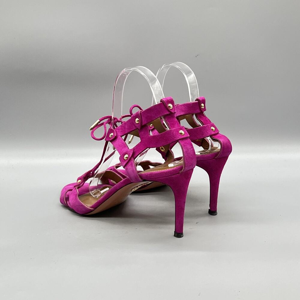 Aquazzura Sandals Womens 9.5 Pink Suede Strappy Lace Up Studded Heel Open Toe - Picture 5 of 11